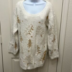 Through the Country Door Embroidered Sweater Sz Large White Gold Christmas Tree